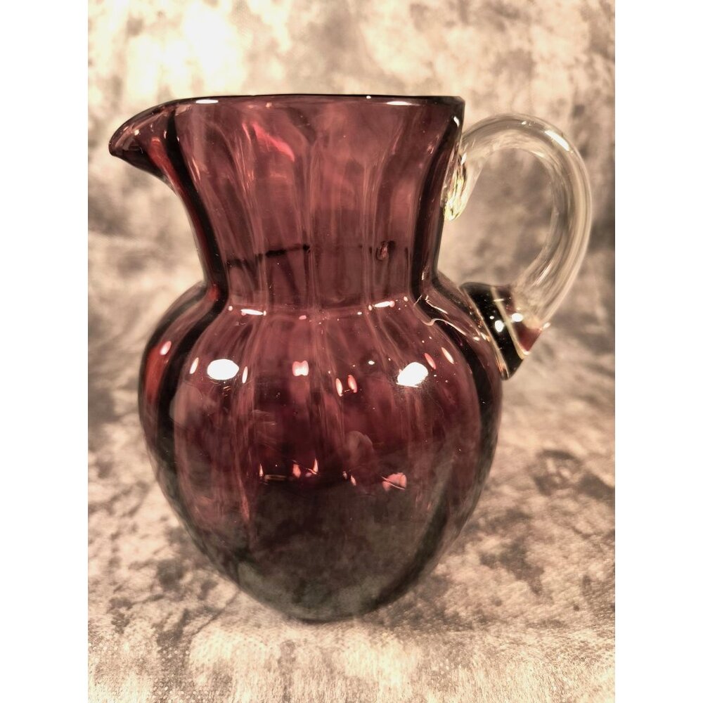 Amethyst Purple Handblown Glass Pitcher With Clear Handle